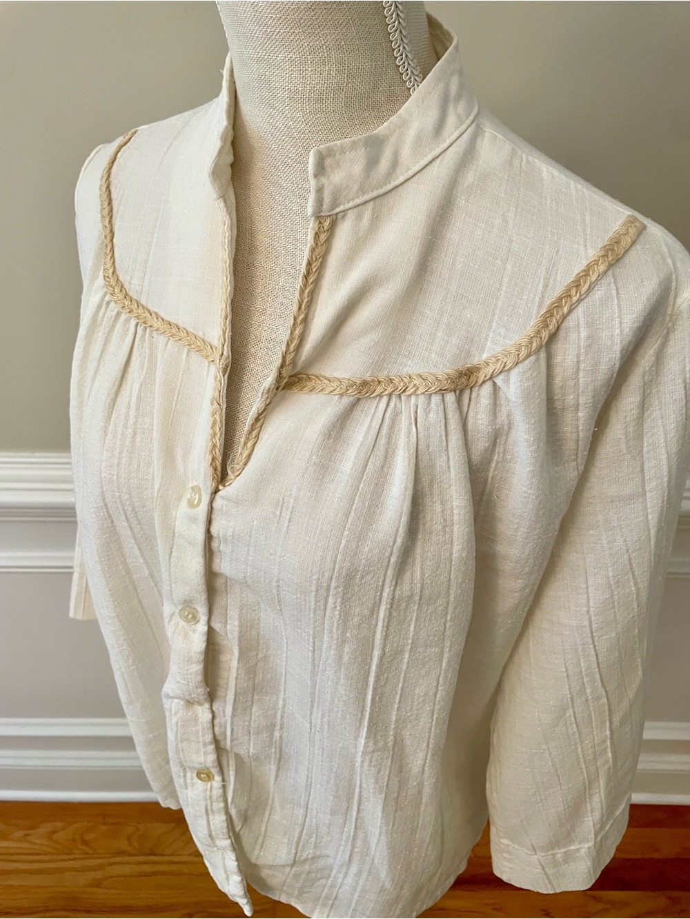 Vintage Oak Hill Cream Textured Cotton Linen Peasant Cottagecore Blouse SzMedium